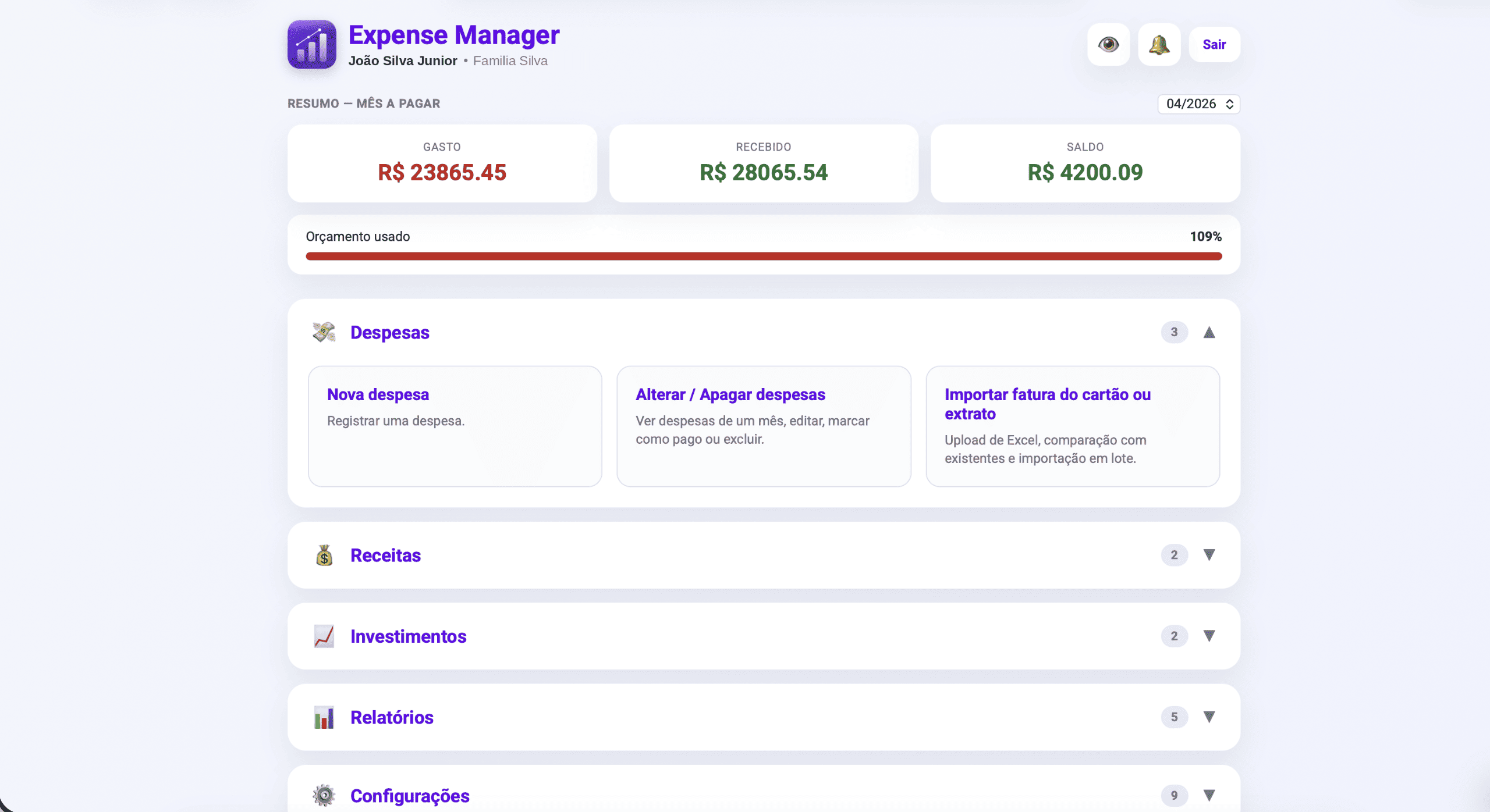Painel do Expense Manager